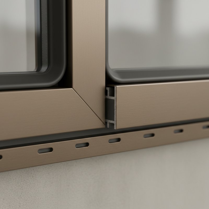 Detail van geanodiseerd aluminium kozijn met precisie hoekverbinding en isolatie