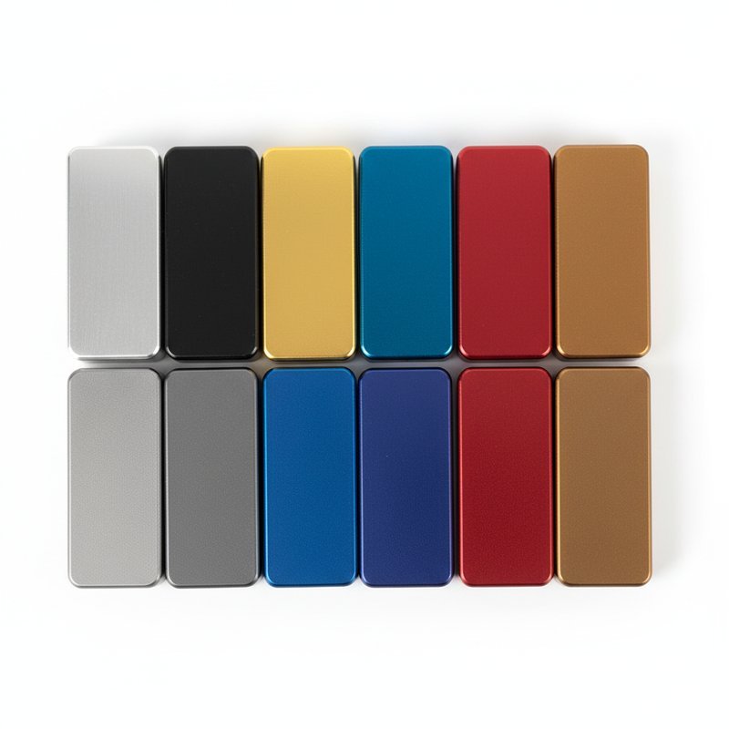 Anodiseren FAQ overzicht met verschillende anodisatie kleuren en afwerkingen