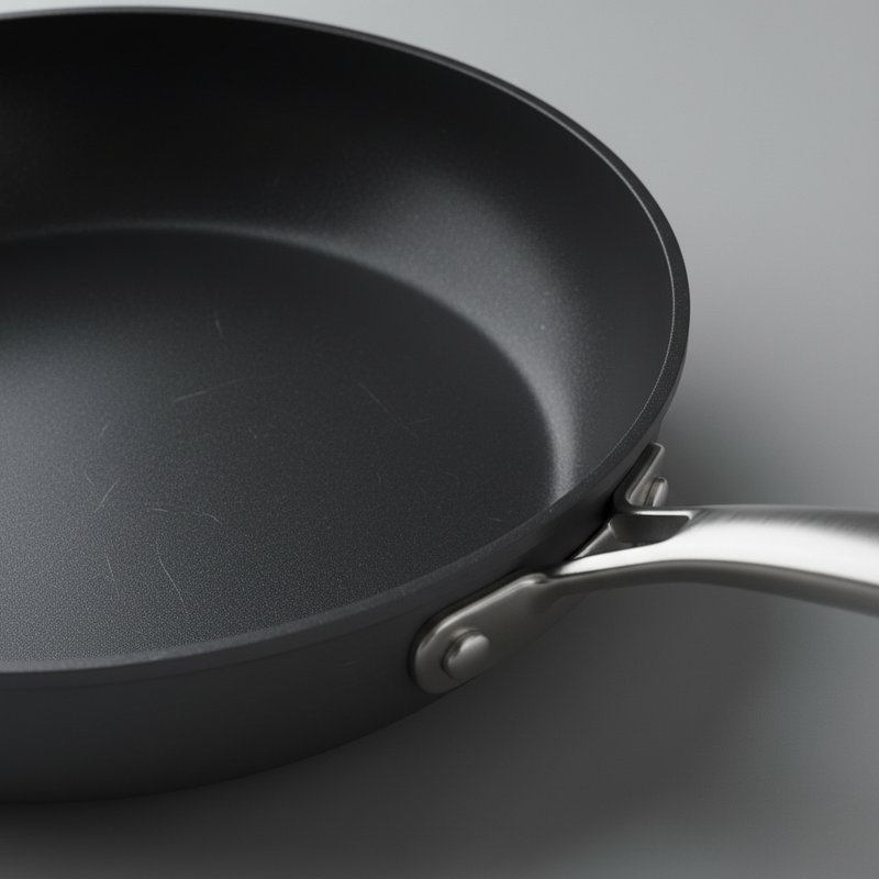 Close-up detail van geanodiseerd aluminium koekenpan oppervlak met anti-aanbaklaag