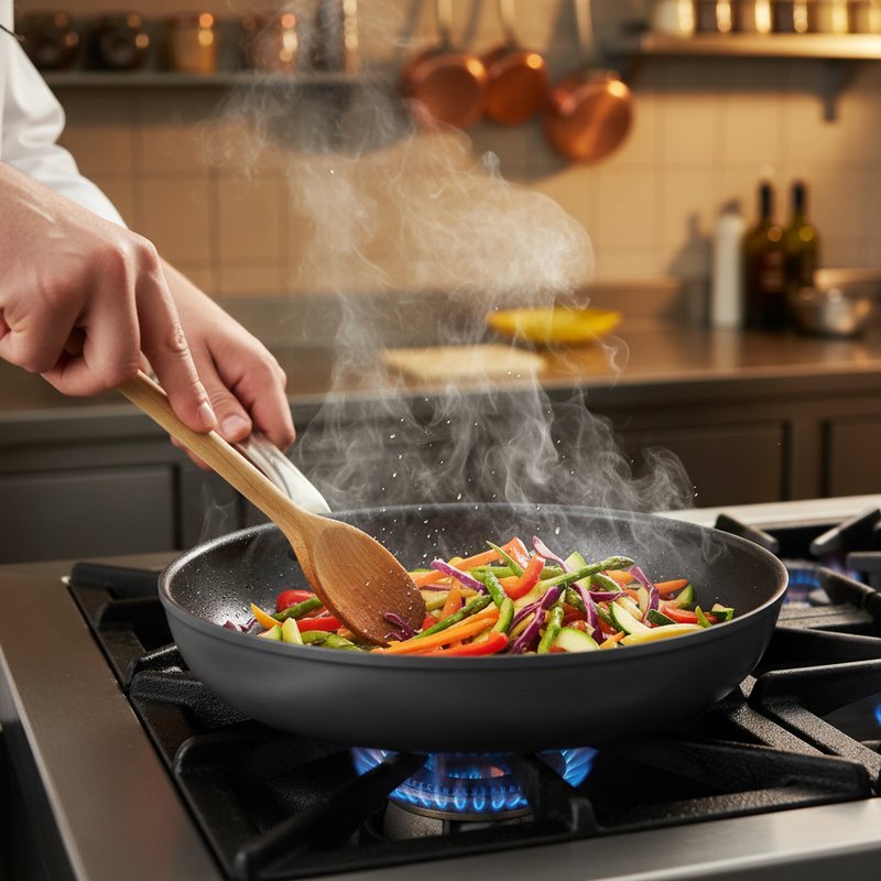 Professioneel koken met geanodiseerde aluminium pannen in restaurant keuken