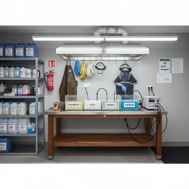 Thuiswerken anodiseren setup met werkbank en veiligheidsuitrusting
