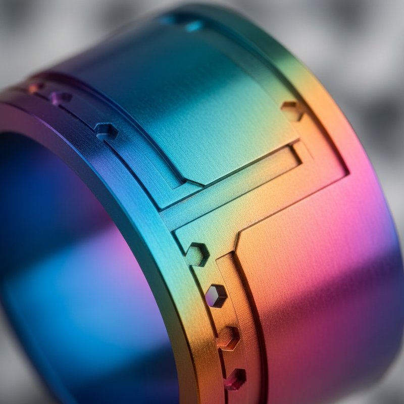 Detail van geanodiseerd aluminium sieraad met kleur gradient