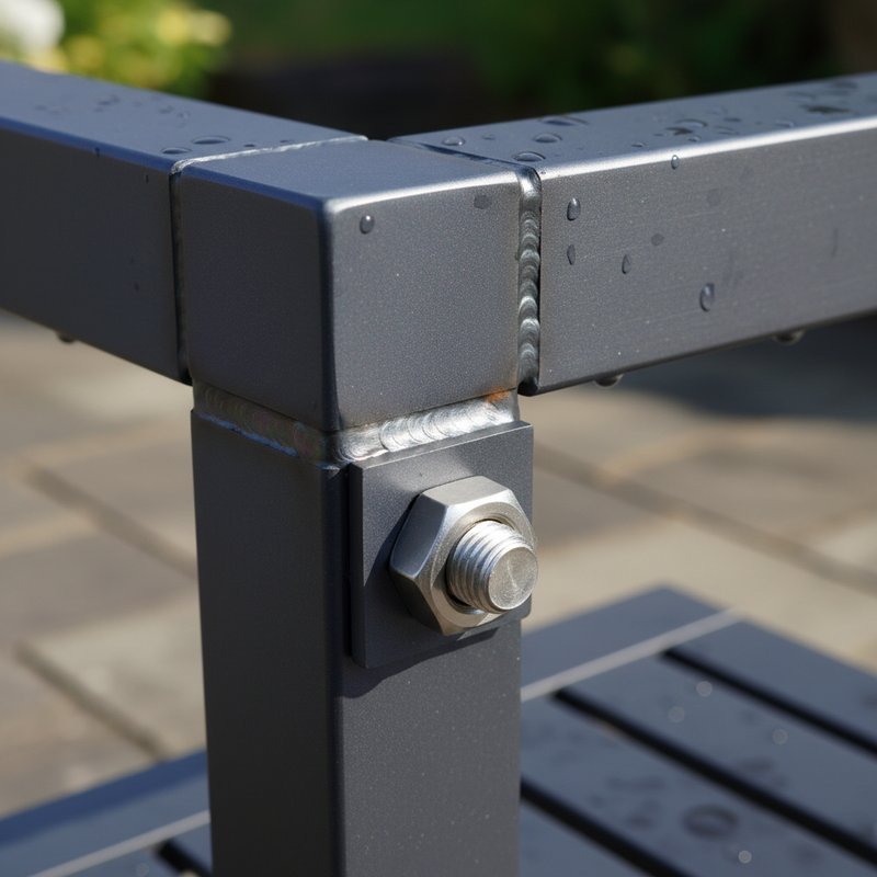 Detail van weerbestendige geanodiseerde verbinding in tuinmeubilair