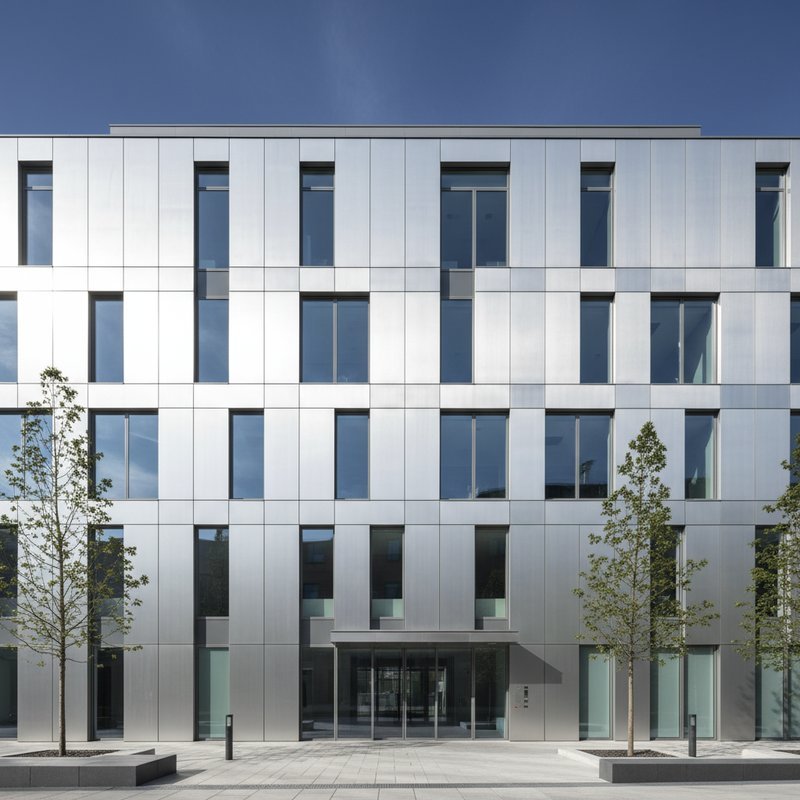 Zilver geanodiseerde aluminium gevelpanelen op modern gebouw
