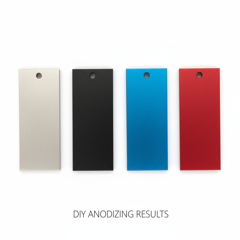 Resultaten van DIY anodiseren: verschillende kleuren aluminium samples