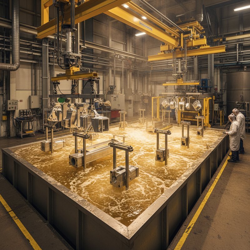 Goud anodiseren proces met aluminium onderdelen in elektrolysebad