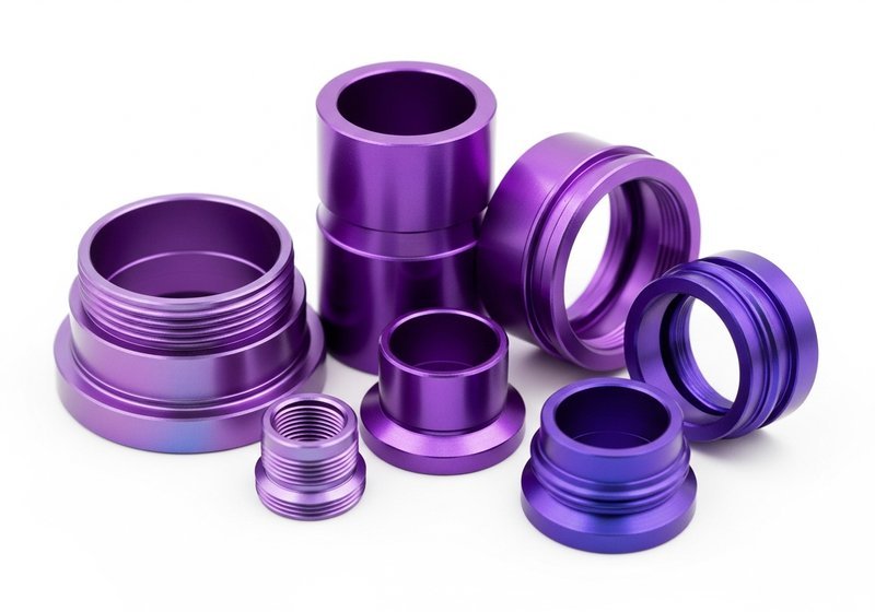 Paars geanodiseerde aluminium onderdelen in verschillende violette tinten