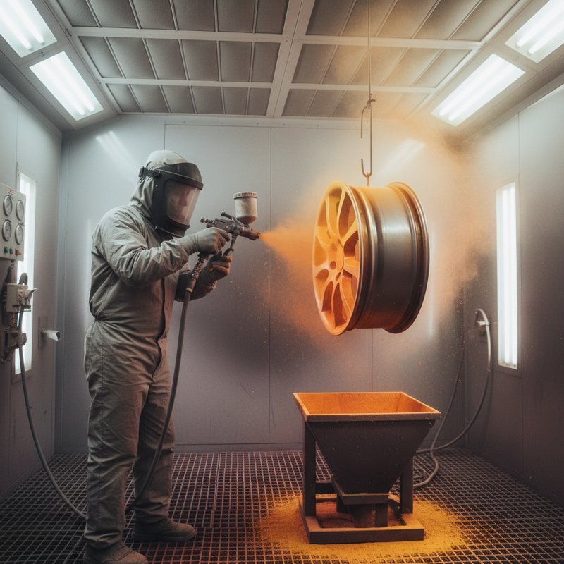 Poedercoating proces met spuitcabine en ovencuring