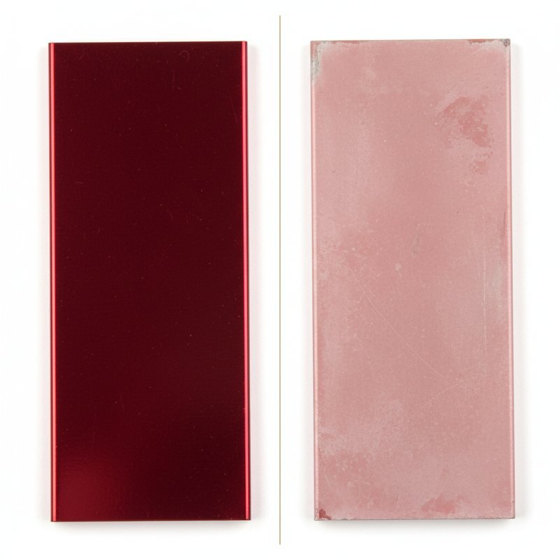 UV verbleken vergelijking rood geanodiseerd aluminium