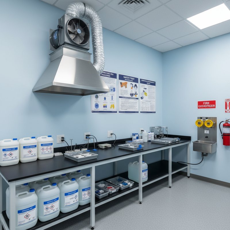 Veilige anodiseren werkplek met goede ventilatie en georganiseerde chemicaliën