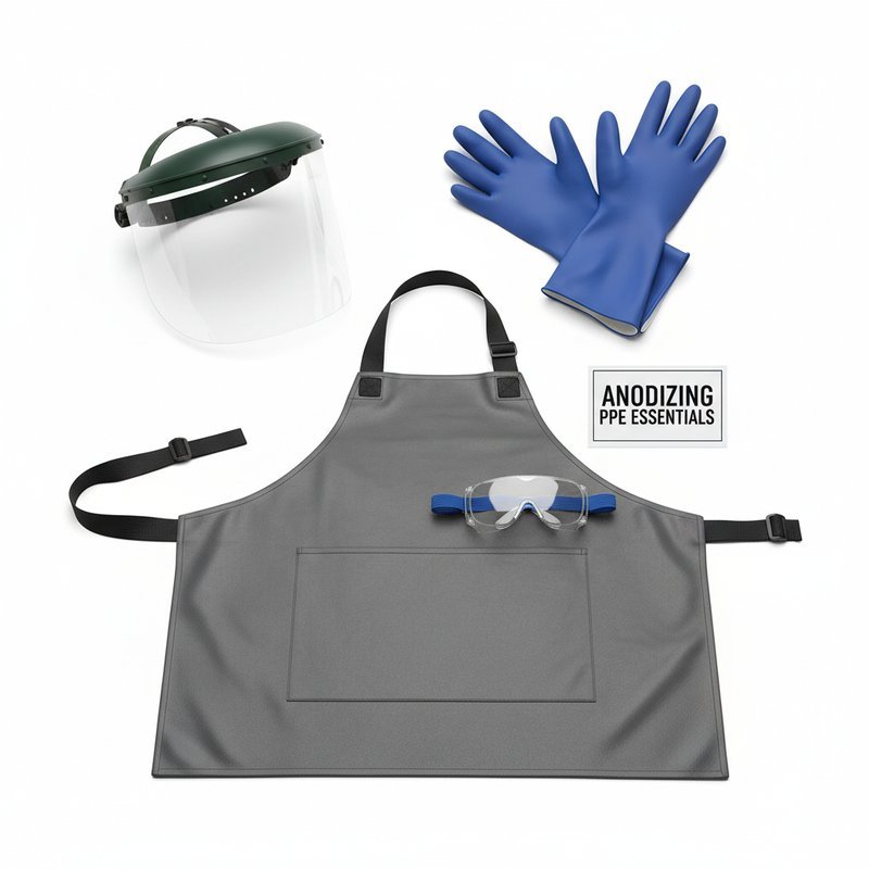 Complete veiligheidsuitrusting voor anodiseren: handschoenen, bril en schort