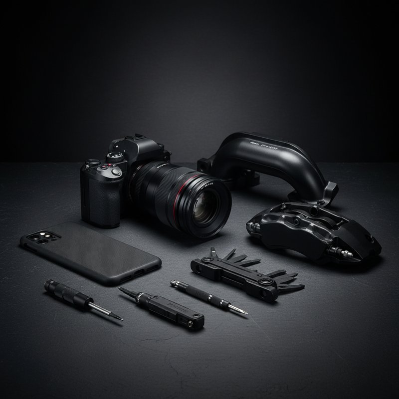 Collectie zwart geanodiseerde aluminium producten met matte afwerking