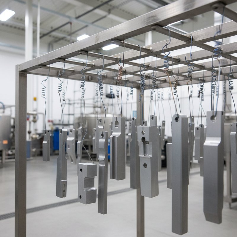 Aluminium onderdelen opgehangen op anodiseerrek voor het anodiseerproces
