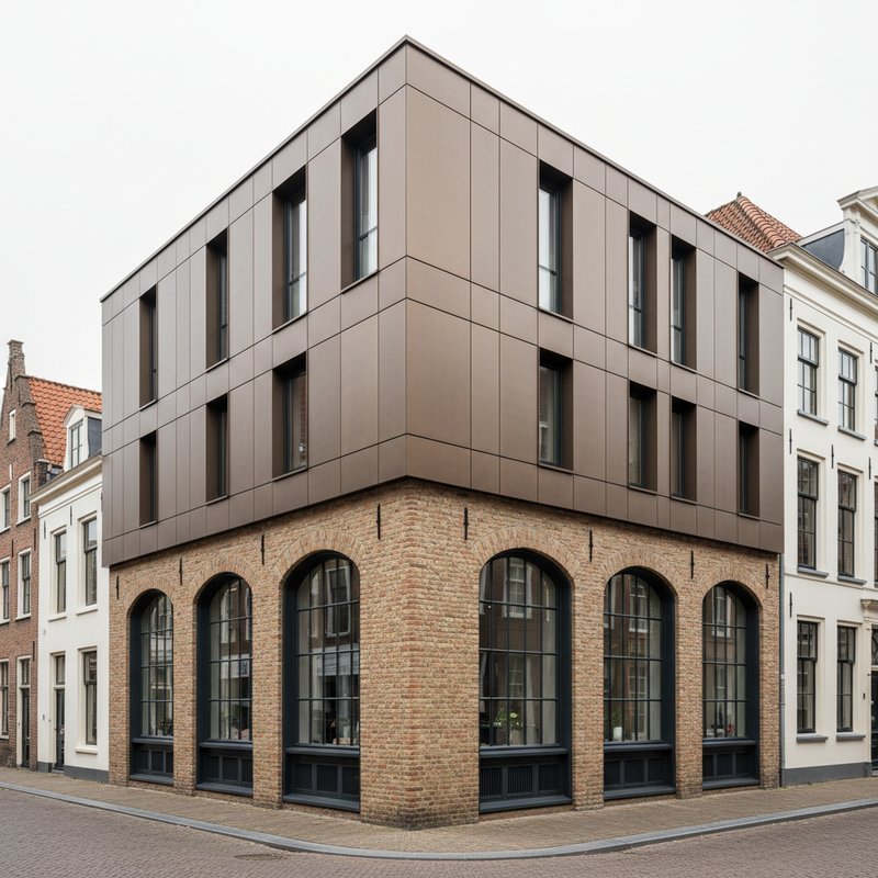 Geanodiseerde aluminium gevelelementen bij historische bebouwing in Zwolle